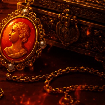 A pearl-set cameo brooch and gold chain beside an engraved casket.