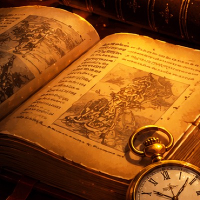 An open illuminated manuscript with an engraved plate and hand-set text.