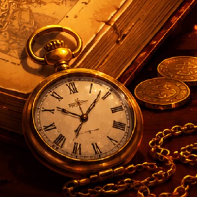 An open-faced gold pocket watch resting on an illuminated manuscript beside two coins.
